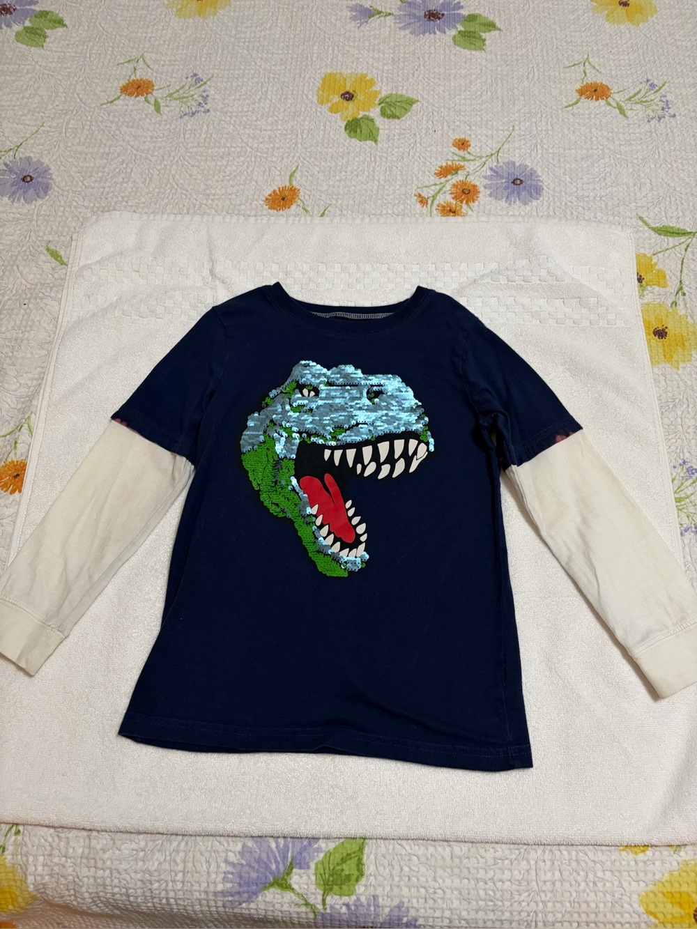 Carter's Navy Long-Sleeve Dino Sequin Layered Look Tee(4)